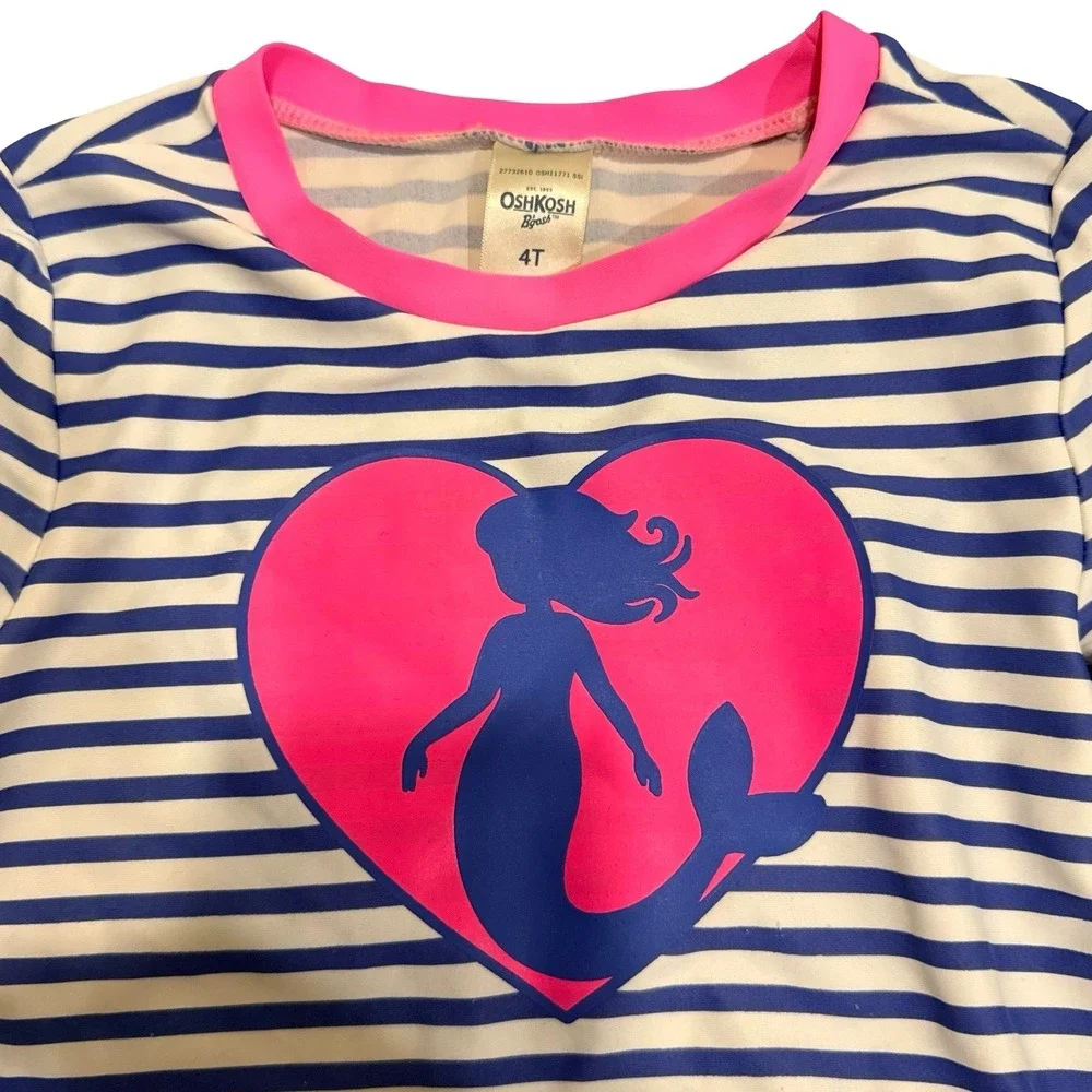 OshKosh Bgosh Rash Guard Blue White Striped Mermaid Heart Girls 4T